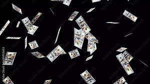 Dollar bills falling on stock video. Raining money stock video over White screen chroma key background 4k. Money explosion overlay isolated Background. Banknotes money flying down Animation.