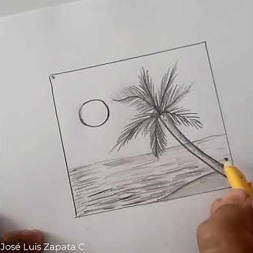 Como dibujar un paisaje con una playa y palmeras facil con lapiz