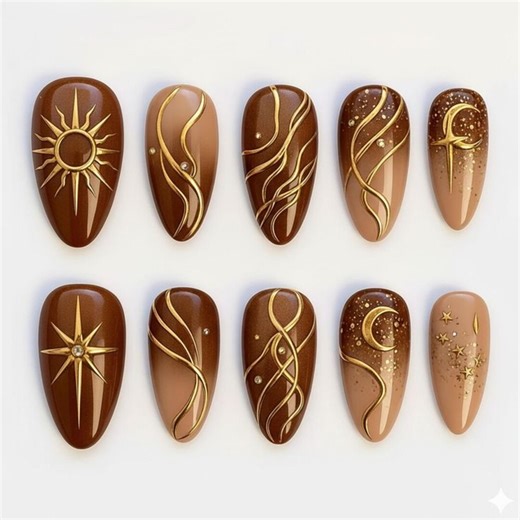 Celestial Brown Press on Nails, Sun Moon Star Nails Set, Gold Line Almond Nails, Cosmic Neutral Nail Art - Etsy