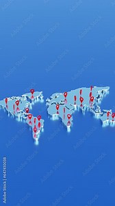 World map with global technology destination location concept. pins, navigation and travel concept. Abstract animation of the world map with pointers. Network connection and global positioning system