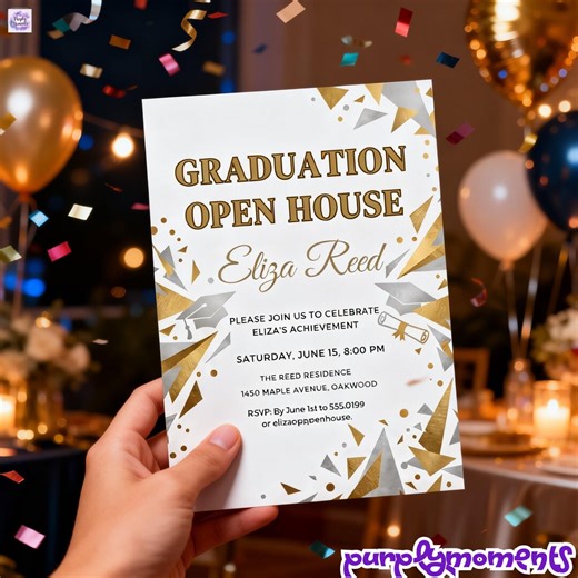 Graduation Open House Invitation Template White Gold Confetti Modern Bright Canva Editable 5x7 Grad Open House Party Instant Download - Etsy
