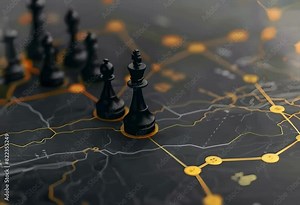 A motion graphic video of a flat lay of black chess pieces on top of an interactive map
