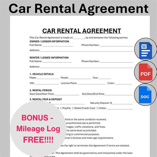 Editable Car Rental Agreement Template, Single Page Car Rental Contract Form, Printable Vehicle Truck Auto Lease Renting Digital PDF Form - Etsy