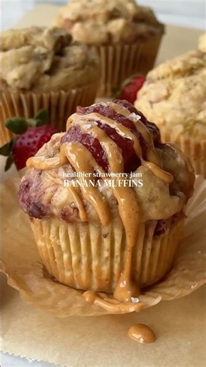 Healthier Strawberry Jam Banana Muffins - RECIPE IN DESCRIPTION