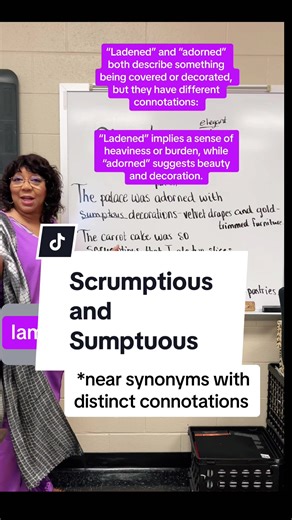 The relationship between these sets of words—#ladened and #adorned , #scrumptious and #sumptuous —can be described as near #synonyms with distinct #connotations. These pairs are #words that have similar or #overlapping #meanings but convey different #nuances, #tones , or #contexts . For example, both “ladened” and “adorned” involve something being covered or decorated, but “ladened” suggests heaviness, while “adorned” implies beautification. Similarly, “scrumptious” and “sumptuous” both suggest