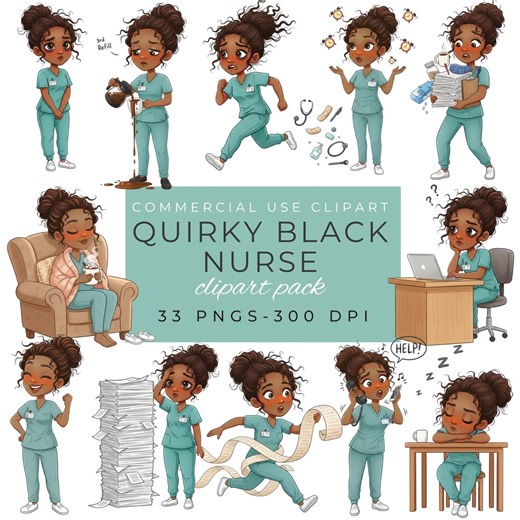 Quirky Black Nurse Clipart, Funny Nurse Clipart, Medical Clipart, Hospital Clipart, Whimsical Girl Designs - Etsy