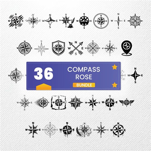 Compass Rose SVG Bundle 36 Vector Clipart | PNG Eps Dxf PDF | Nautical Silhouette Graphics - Etsy