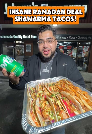 🚨SHAWARMA TACOS!🚨 Johnny’s Shawarma is celebrating Ramadan with an insane deal. You can get 8 shawarma tacos, hand cut crispy fries, 2 drinks, & dates for ONLY $20 bucks! This deal is only valid until Ramadan ends so make sure you get it ASAP! 👀 📍Johnny’s Shawarma 1904 Kennedy Rd, Scarborough #ramadan #torontofood #scarborough #shawarma #foodtiktok