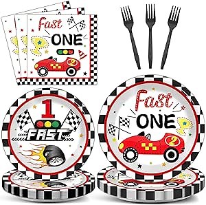 Fast One Birthday Decorations for Boys Racing Car 1st Birthday Party Supplies Fast One Plates Napkins Forks Checked Race Car Disposable Paper Plates Tableware Set for Kids Favors Serve 25