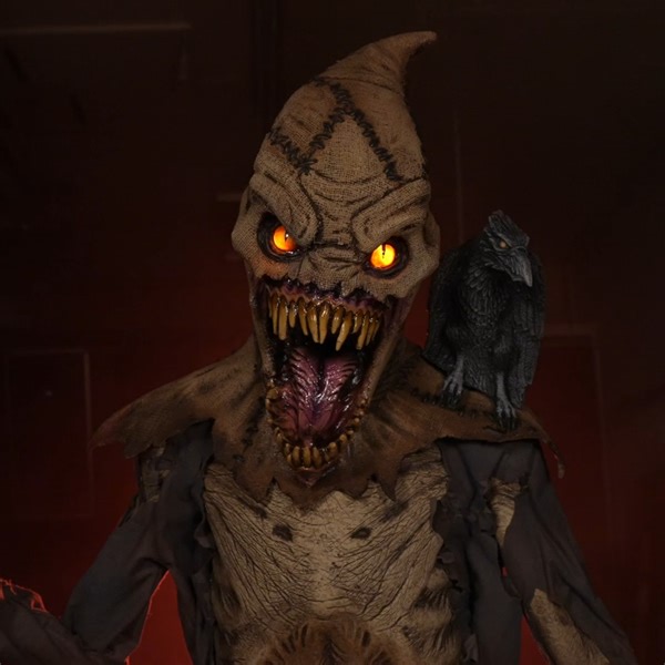 Amidst the sound of dried, rustling corn, Scarecrow Wrath prowls and protects his foggy field with Corvus the crow. Once bound and staked down he has now broken free, his eyes burning with an inner wrath. Scarecrow Wrath has made friends with the crows he was formerly tasked to scare away and now letting them freely feed from his fields. Our Scarecrow Wrath Halloween decoration stands large at 7 ½ feet tall yet ships in an approx. 48x24x12 box! This impressive Halloween prop comes in 4 pieces an