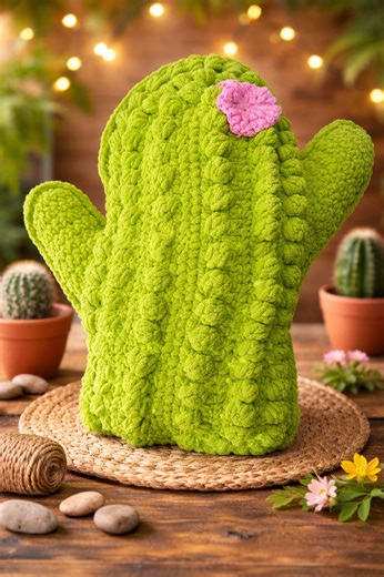 Handmade Crochet Cactus Pillow | Plush Bobble Stitch Cushion, Pink Flower Accent - Etsy