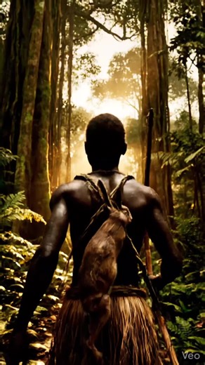 A young adult Pygmy hunter seen from behind, slowly walking away into a dense Central African equatorial rainforest at sunset. The camera remains fixed behind him, capturing his silhouette as golden light filters through tall tropical trees. A hunted hare is tied securely to his back using natural forest vines. He holds a traditional handcrafted wooden bow in one hand. His posture is calm, proud, and relaxed after a successful