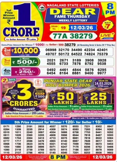 Nagaland lottery result today 8pm 12/03/2026 - morning Nagaland night 🤑