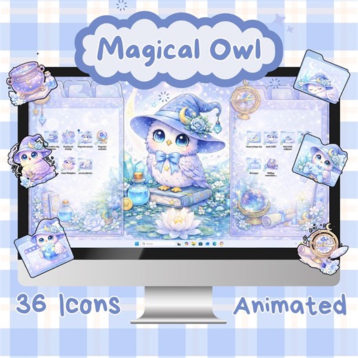 Animated Magical Owl, Desktop Wallpaper With Icons & Organizer Background (digital Download) - Etsy