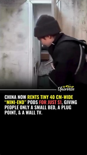 startup universe on Instagram: "China’s new “Mini-End” pods are getting a lot of attention online because they are extremely cheap, just $1 (around ₹85) for one night. But the space is shockingly small. The pod is only 40 cm wide, which is tighter than most people’s shoulders. Inside, you get a tiny bed, one plug to charge your phone, and a small TV on the wall. There is almost no space to move, stretch, or even turn your body. Some people say these pods help workers who cannot afford normal roo