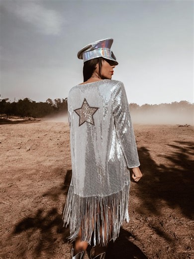 Silver Sequin Fringe Kimono: Star Patch Rave Festival Duster - Etsy