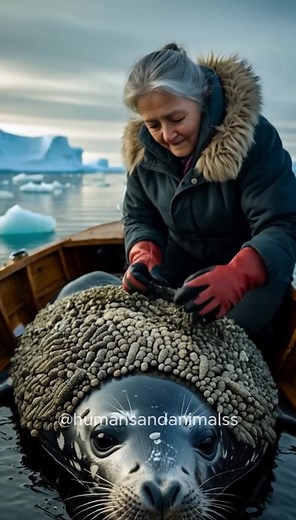 A seal with parasitic barnacles on its body asks the old woman for help #giantseacreatures #bear #seacreatures #orcaseacreatures #arctic #orca #seal
