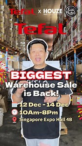 Tefal Warehouse Sale is back — and the deals are unreal. Up to 80% OFF your favourite airfryers, cookware, irons and more. 3 days only. Once it’s gone, it’s gone. 👀🔥 📍 Singapore Expo Hall 4B 📅 12–14 Dec 2025 ⏰ 10am – 8pm 💳 Cash, NETS, PayNow Ready to upgrade your home for less? Don’t miss this. #TefalSG #WarehouseSaleSG #SGDeals #SingaporeExpo #HomeEssentialsSG #SGLobang #SGLifestyle #KitchenGoalsSG #SaleAlertSG V2 Lesser Text | HOUZE