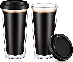Honeydak 2 Pack 16 oz Double Walled Glass Coffee Mugs with Silicone Lids Clear Insulated Glass Travel Cups Reusable Hot and Iced Coffee Tumblers for Travel Home Office