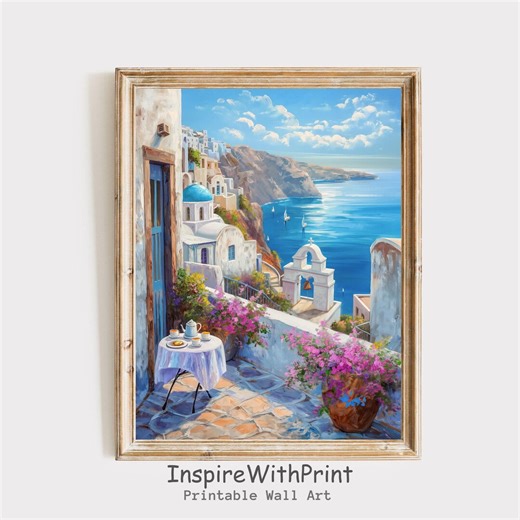 Santorini Terrace Wall Art, Greek Island Ocean Painting, Mediterranean Coastal Decor, Blue Dome Artwork Print - Etsy