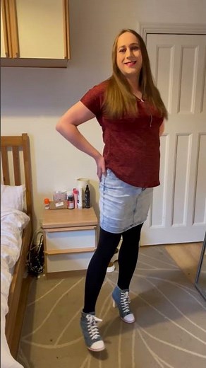 Jessica Wearing a Denim Skirt and Red Top (Genderfluid / Crossdresser)