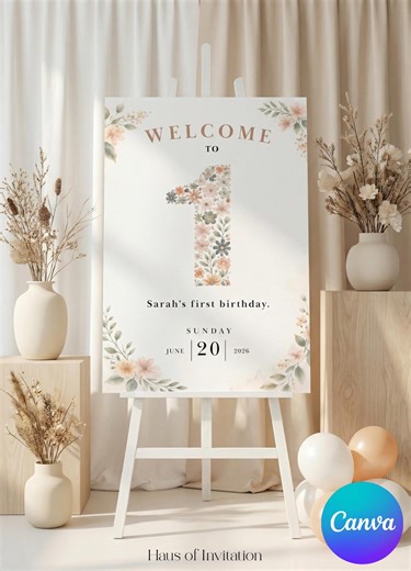 Floral First Birthday Welcome Sign, Editable Canva Template, Gender Neutral 1st Birthday, Neutral Boho Baby Birthday Entrance Sign Printable - Etsy