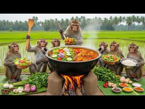 🐒 Monkeys Made Mixed Salad & Curry Combo 🥗🍛 | Monkey Cooking Video