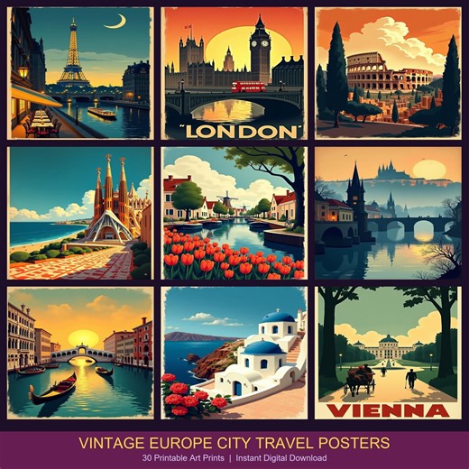 Vintage Europe City Travel Posters | 30 Art Prints (digital Download) - Etsy