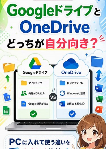 GoogleドライブとOneDrive、結局どっちが便利？ ブラウザを開かずにPCから使える GoogleドライブとOneDriveの違いをやさしく比較しました📁✨ 無料容量・Office連携・向いている人をサクッと確認できます。 #Googleドライブ #OneDrive #クラウドストレージ #PC便利術 #仕事効率化
