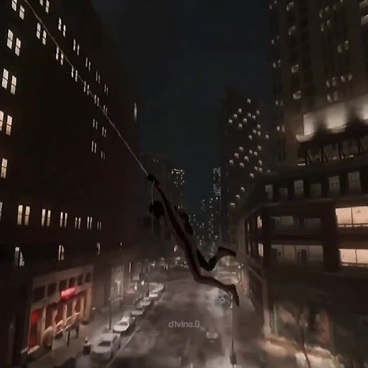Nighttime Superhero Swinging Through Cityscape