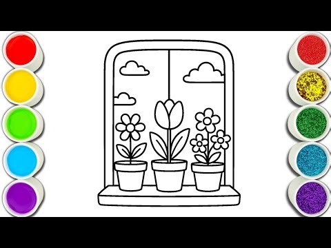 Easy Window Flower Pot Drawing and Coloring for Kids | Beautiful Garden Scenery Drawing Step by Step