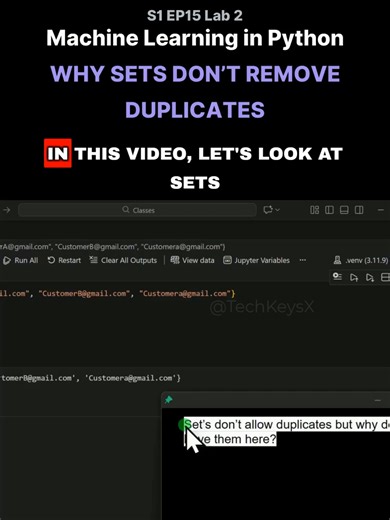 S1 EP15 Lab 2 - Machine Learning in Python - Why Sets Don’t Remove - Duplicates #machinelearning #machinelearningtutorial #dataengineering #learntocode #algorithims #datascience #learnpython #python #datascienceforbeginners #vscode #machinelearningmodels #pythoncoding #PythonForDataScience #machinelearningbasics #softwaredeveloper #mlforbeginners #statistics #jupyterlabs #codingforbeginners #jupyternotebook