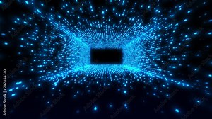 Looping 3D animation. Abstract background with colorful neon particles and lines, glowing trails. Cyberpunk style neon game room. Portal or teleport. Neon digital technology particles network matrix