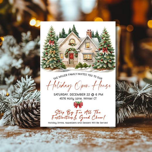 Printable Holiday Open House Invite | Editable Christmas Cards | Personalized Holiday Templates | Holiday Party Invitation to Edit - Etsy