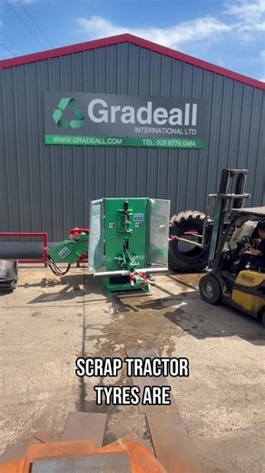 This is how we take a 300kg tractor tyre from problem to product. The Gradeall Sidewall Cutter slices off sidewalls and cuts the tread into pieces you can actually store and ship. Sidewalls become silage pit covers. Treads become 3G pitch material. Less waste, lower cost, better outcome. #tyres #recycling #fyp #waste #tractortyres