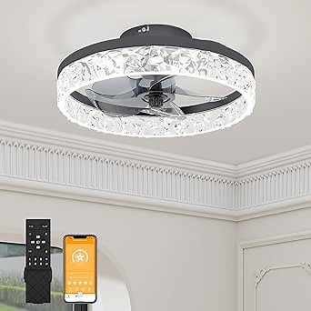 VOLISUN Fandelier Ceiling Fans with Light, 15.7in Low Profile Ceiling Fan with Light and Remote, 3000K-6500K Dimmable Bladeless Ceiling Fan Flush Mount, Black Modern Ceiling Fan with Light for Bedroom