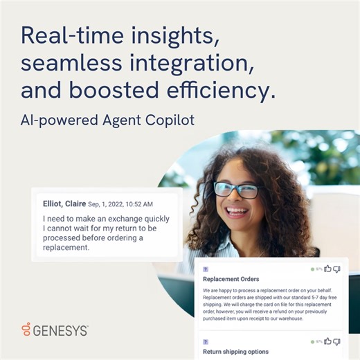 1.8K views |  Introducing Genesys Cloud Agent Copilot! Empower agents with the latest #AI-powered guidance to elevate customer interactions and boost productivity. Agents can now:  Easily find answers  Automate manual tasks  Receive contextual recommendations Ensure every customer receives empathetic, personalized service with Agent Copilot: https://gsys.cx/3Sr5tkn | Genesys | Facebook