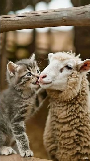 Barn kitten meets baby lamb for the first time and makes friends