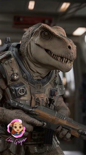 Scorpios Rex’s army shooting / battle scene—mix of dinosaur, action, sci-fi, and viral.