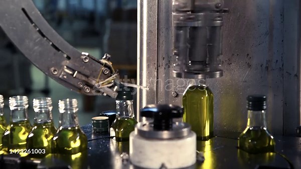 Olive oil in glass bottles moving on production line. Olive oil...
