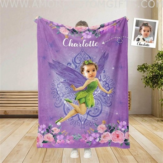 Personalized Tinker Bell Photo Blanket: Custom Name & Face Fairy Tale Throw - Etsy