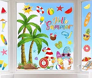 Whaline 6 Sheet Hello Summer Window Clings Large Palm Tree Window Decals Gnome Sun Beach Double-Sided Glass Decor for Pool Party School Home Office Decor