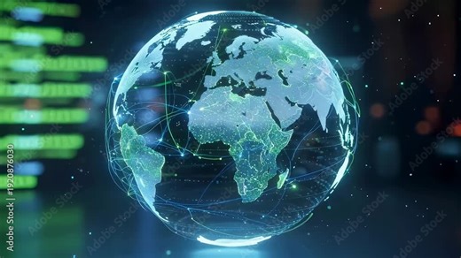 Earth model rotating with global connection lines. Digital network communication and data exchange across the world for future technology.