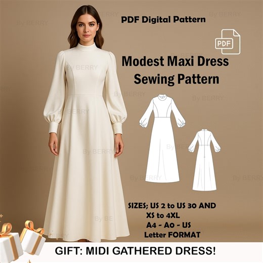 Modest Maxi Dress Sewing Pattern: Bishop Sleeve (PDF Download) - Etsy
