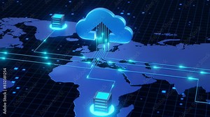 A digital cloud icon with data connections to various servers around the world, representing a global cloud network and data centers.