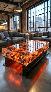 Fire ember epoxy resin table lighting up an industrial living room A bold epoxy resin coffee table filled with glowing embers creates a dramatic industrial centerpiece. The fiery effect contrasts beautifully with raw concrete floors and urban loft interiors. #interiordesign #homedesign #epoxy #renovation #industrialstyle #firetable #modernloft #resinfurniture #urbanliving #statementpiece #diy | Weird Designs