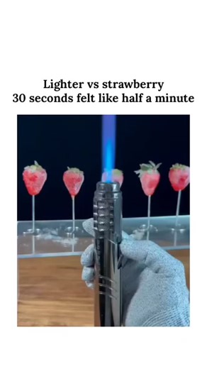 FINDING on Instagram: "Dm for Credit / RemovalThe video captures a time-lapse of strawberries coated in isomalt or sugar syrup being torched with a butane burner, rapidly caramelizing at 320–356°F to form a clear, edible glass-like shell while preserving the fruit's shape and green leaves.Posted December 23, 2025, by @cuavek, it quickly went viral with 417,000+ views, drawing 117 replies blending awe ("looks delicious"), recipe curiosity, and lighter ads, reflecting X's mix of food inspiration a