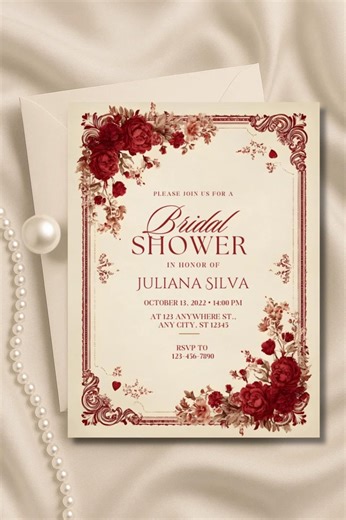 Vintage Red Floral Bridal Shower Invitation Template (digital Download) - Etsy