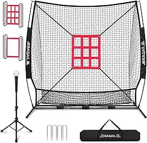 BAGAIL 7x7 ft Extra Large Baseball & Softball Training Net with Batting Tee, Heavy Duty Reinforced Steel Frame, Oversized Hitting Zone for All Levels, Portable Backstop with Carry Bag