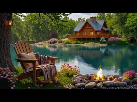 Cozy Spring by the Lake 🌳 Relaxing Piano Music & Crackling Fireplace for Stress Relief & Sleep 🍃